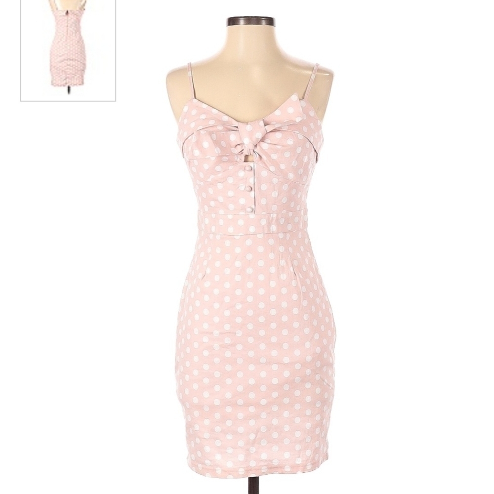 Main Strip Pink White Polka Dot Sleeveless Dress Cutouts Bow Detail Women's S